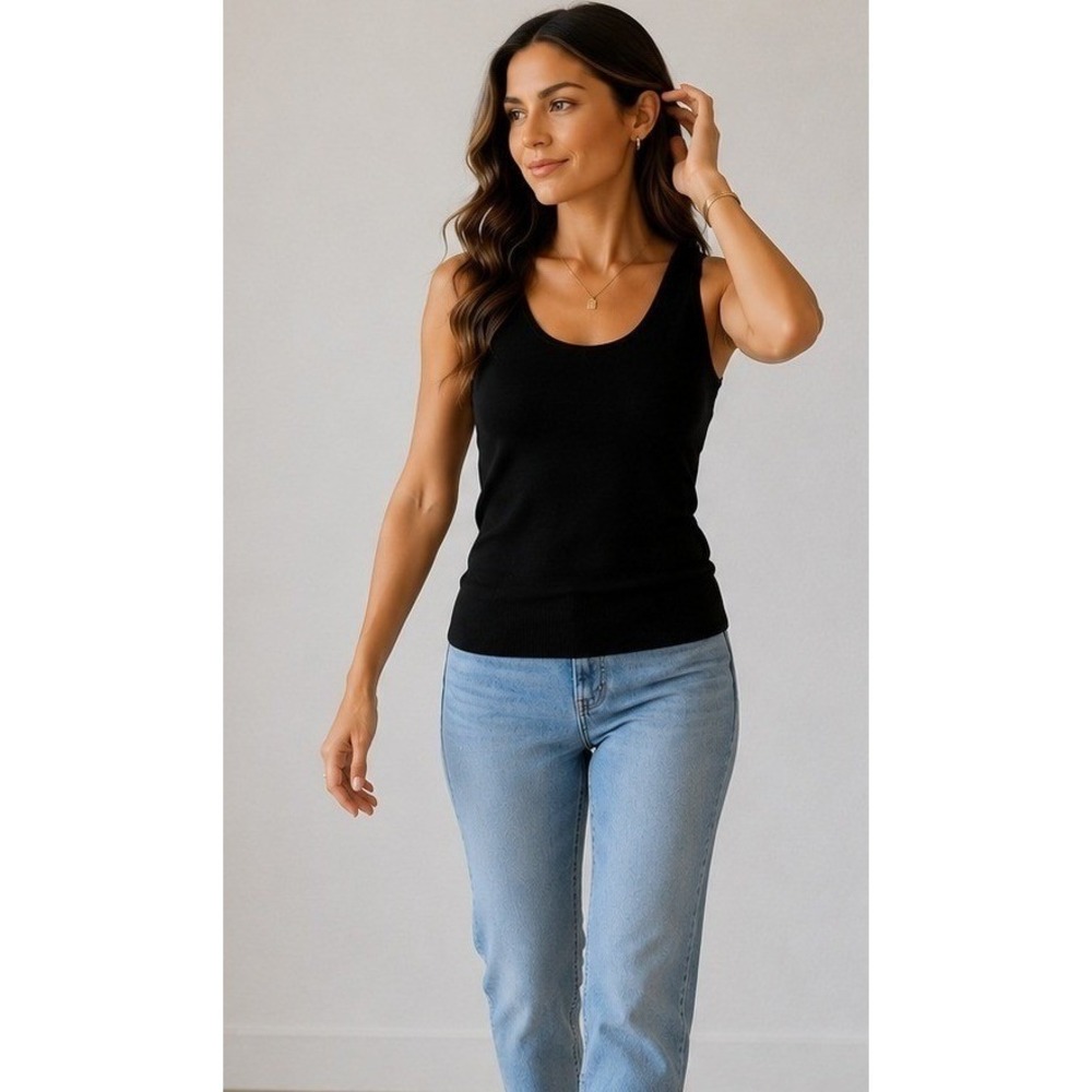 Black Silk Blend Knit Summer Tank‎ Top Sleeveless Elevated Minimalist Petite Lrg